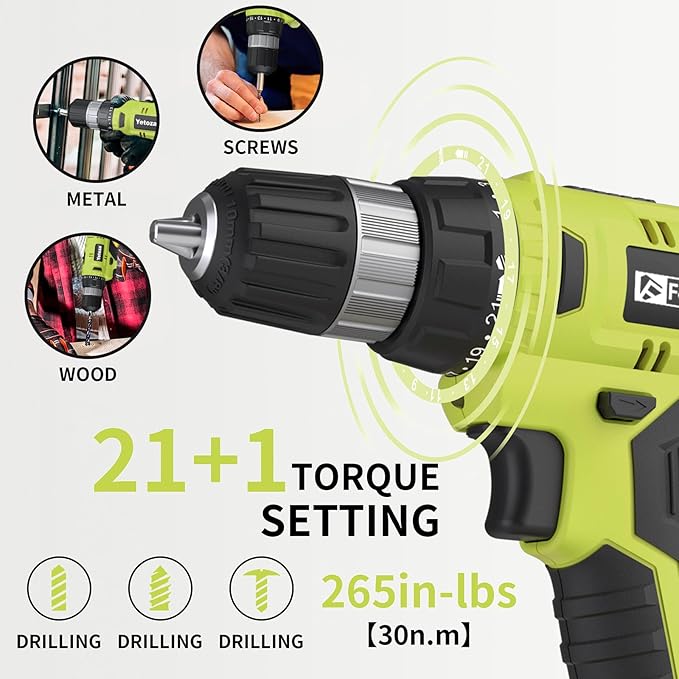 Cordless Drill Set, 20V Electric Power Drill with Battery And Charger, Torque 30N, 21+1 Torque Setting, 3/8-Inch Keyless Chuck, Drill Driver Bits Kit, with LED Electric Drill Set. （green)