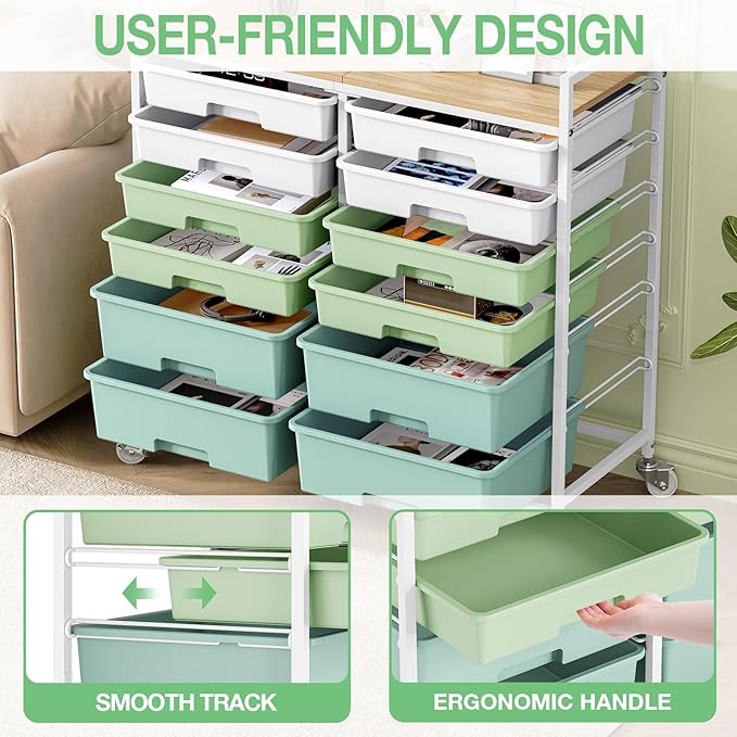 Rolling Storage Cart with 12 Drawers, Wooden Tabletop Utility Cart - Image 5