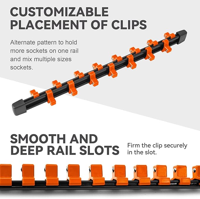 ALOANES 3 PC ABS Socket Organizer, 3/8 inch, Drive Socket Rail Holders, Heavy Duty Socket Racks, Black Rails with Orange Clips