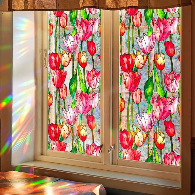 JOONOR Retro Tulip Flowers Window Privacy Film, Stained Glass Decals Colorful - Image 4