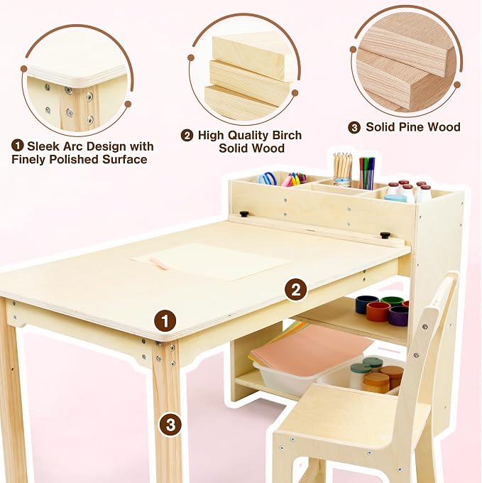 bbgroundgrm Kids Art Table and Chair Set, Birch Wooden Activity Craft Table - Image 3
