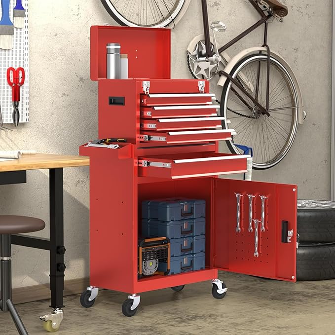5-Drawers Red Tool Chest, 2-in-1 Mechanic Rolling Tool Box Removable Lockable Tool Storage Cabinet, Metal Tool Cart with Drawers and Wheels for Garage, Workshop