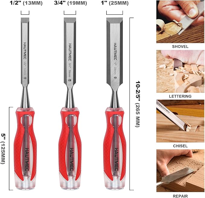 HAUTMEC 3-Piece Wood Chisel Set – High-Impact Drop-Forged CRV Steel, Fully Polished Beveled Edge Blades, Heavy-Duty Strike Cap & Extended Anti-Skid Handle – HT0364