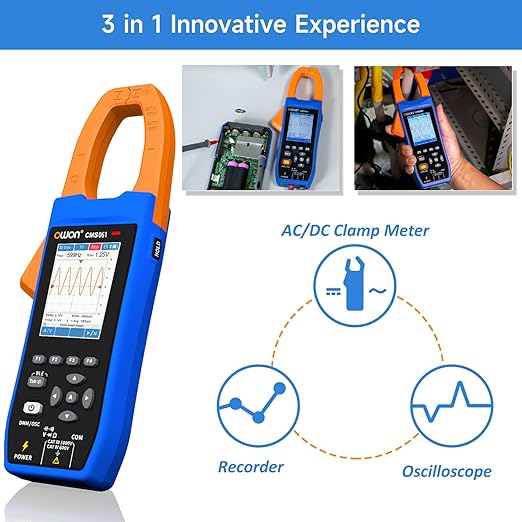 OWON CMS061 3-in-1 Bluetooth Clamp Meter – 600A AC/DC True RMS, Oscilloscope & Data Logger, 20,000 Counts, Inrush Current, NCV, IPS LCD, Rechargeable Battery