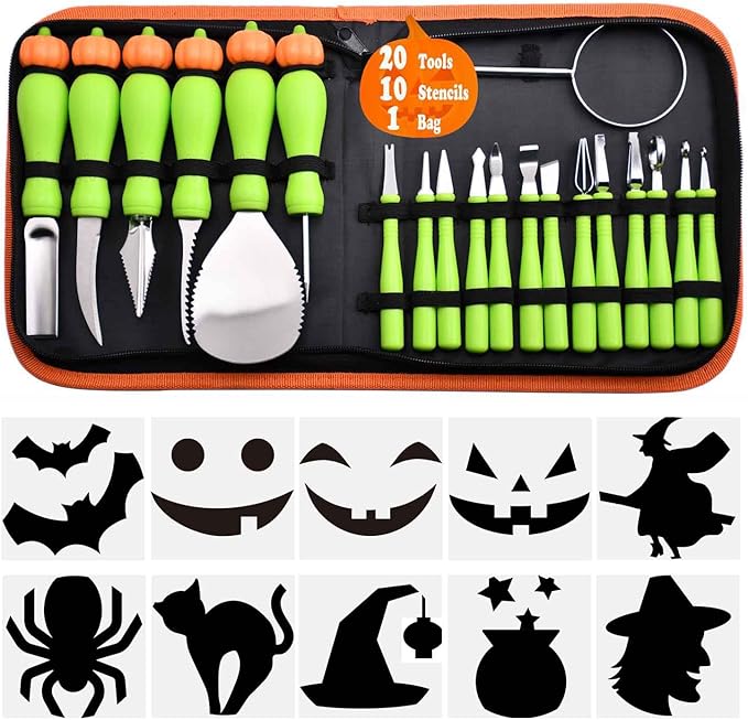 Pumpkin Carving Kit Heavy Duty Stainless Steel Tools with Carrying Case (Total 31 Pieces) Pumpkin Carver Pumpkin Sculpting Set Halloween Party Decorating with pumpkin gutter (Light green)