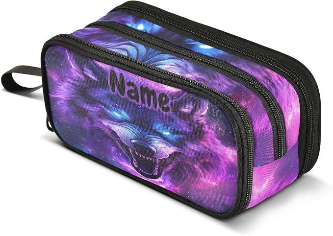 Custom Blue Eyes Wolf Purple Galaxy Pencil Case Box Boys Girls Personalized by BOENLE-WELCOMEYOURCOMING