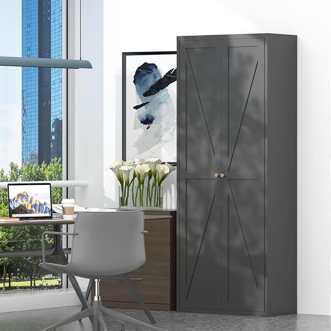GREATMEET 71" Tall Storage Cabinet, Farmhouse Food Pantry Cabinet, Black Metal Kitchen Cupboard with Doors for Garage, Dining Room, Living Room and Laundry