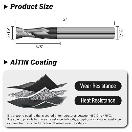 3/16" Micrograin Carbide Square End Mill Set 2 Flute HRC 55 AlTiN Coating End Milling Bits for Milling Alloy Steels, Hardened Steel, CNC Router Bits