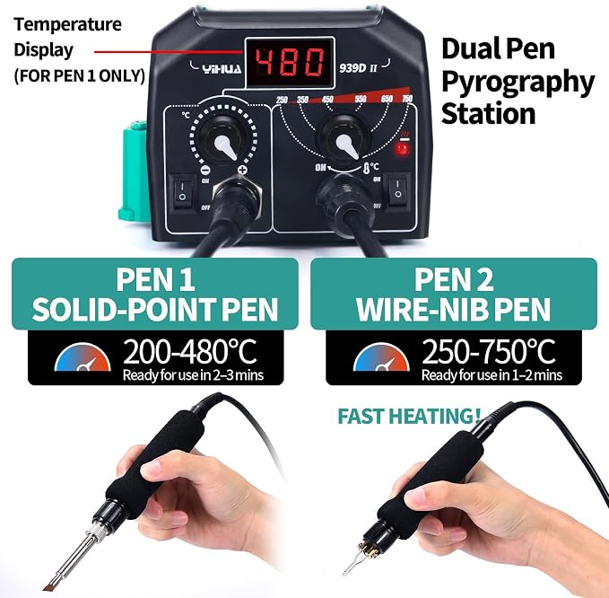 YIHUA 939D-II Pyrography Pen Wood Burning Kit Station 2-in-1 Solid-Point - Image 2