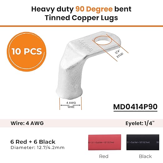 SELTERM 10pcs - 4 AWG 1/4" Stud - 90° Bent Battery Lugs - Ring Terminal Connectors with 12pcs 3:1 Black & Red 1/2" Heat Shrink Tubing | Heavy Duty Battery Cable Ends - Tinned Copper Wire Connector Kit