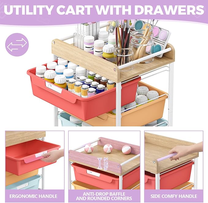 SYKIARIOL Utility Cart with 5 Labeling Drawers and Wooden Tabletop – Rolling - Image 4