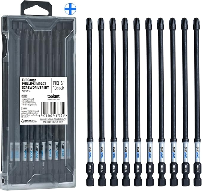 toolant 6 Inch Long Phillips Bit#3 Magnetic Anti Slip Impact Screwdriver Bits Set,10pcs Insert S2 Steel PH3 Driver Dit Set with CNC Machined Tips for Power Drill