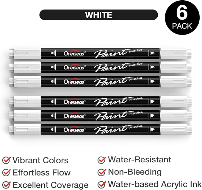 Overseas 6 White Acrylic Paint Markers, Dual Tip Paint Pens Acrylic Marker | - Image 2