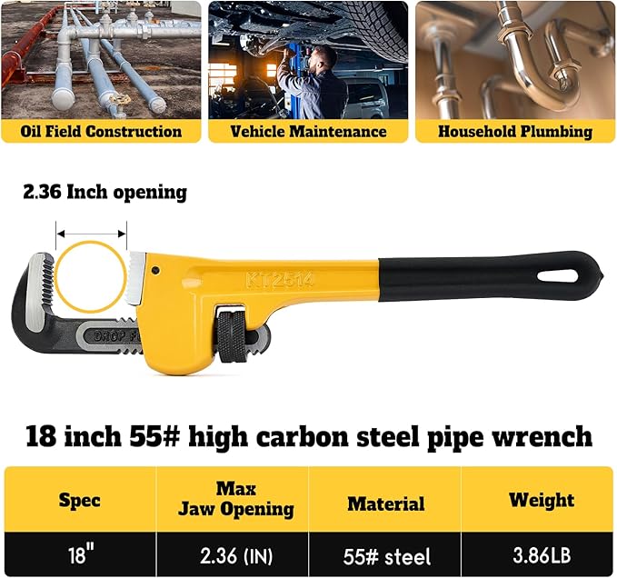 18 Inch Heavy Duty Pipe Wrench, Forged Steel Adjustable Plumbing Tool with Non-Slip Serrated Jaw, Built for Larger Pipes & Maintenance Tasks