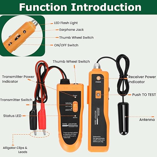 Underground Wire Locator, Up to 3 Feet Deep and 1,640 Feet Long, Wire Detector with Headset and Battery, Underground Wire Breaker Locator for Pet Fence, Underground Irrigation and Power Line