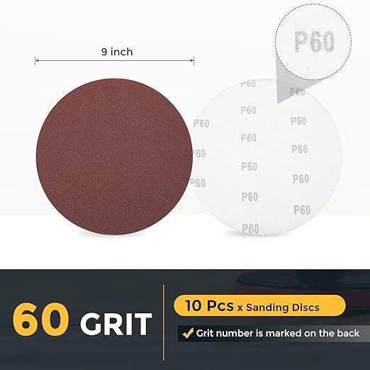 HARFINGTON 10 Pcs 9 Inch Sanding Disc 60 Grit Hook and Loop Sandpaper Random Orbital Sander Pads for Woodworking Automotive Metal Polishing