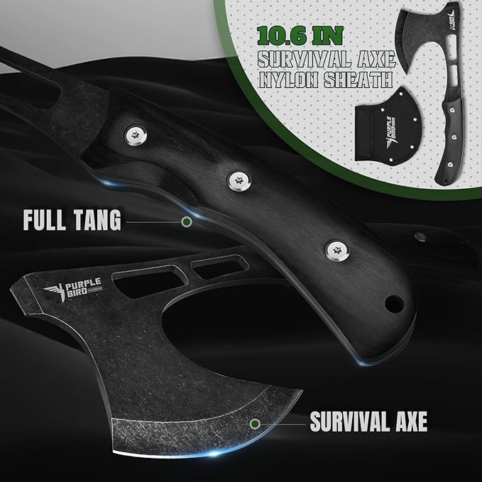 PURPLEBIRD Survival Axe and Fixed Blade Knife Set, Full-Tang Camping Hatchet & Hunting Knife with Leather Sheath, Lightweight Wood Handle Gift Ready