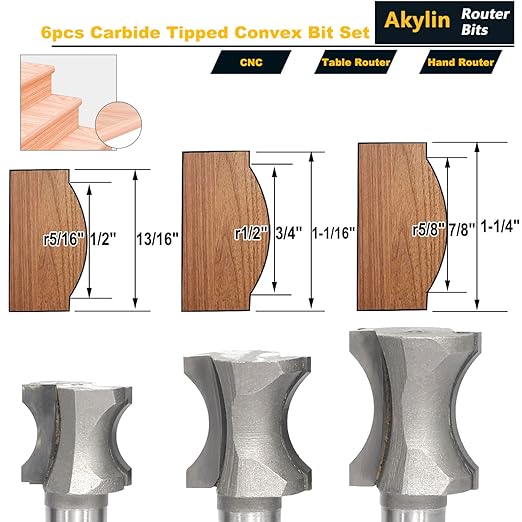Akylin's CNC 6PCS Convex Edge Oval Router Bit Set 1/2" Shank, Shallow Bullnose at 1/4",5/16",3/8",1/2",3/4",7/8" Length,Convex Column Molding Router Bits-Perfect for Stair Treads and Shelf Edges