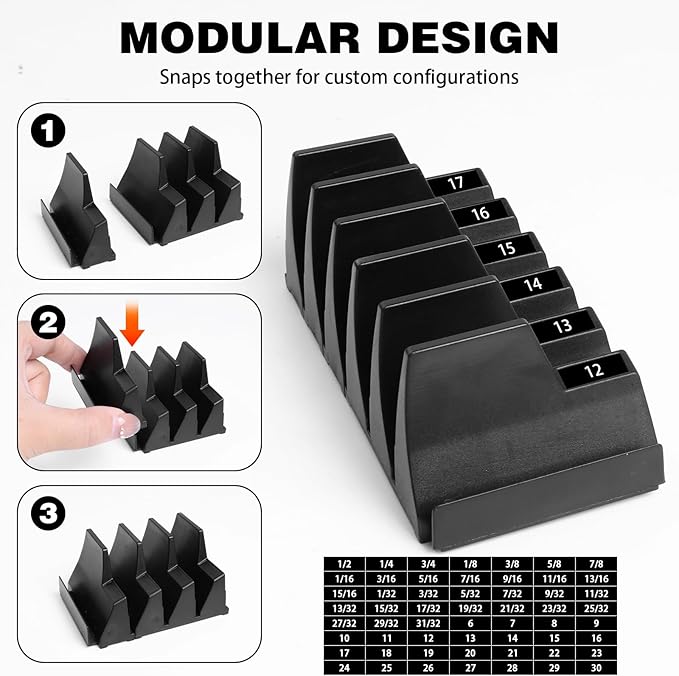 90 pcs Magnetic Modular Wrench Organizers for Tool Drawers, Black Tool Organizers- Wrench Rack with Metric & SAE Labels, Customizable Magnet Tool Storage Holder Festival for Mechanics