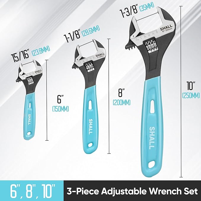 SHALL 3-Piece Adjustable Wrench Set, 10/8/6 Inch Cr-V Steel Wrench with Cushion Grip, Wide Jaw Black Oxide Wrench with Laser-etched SAE Scales for Home, Garage, Workshop and DIY