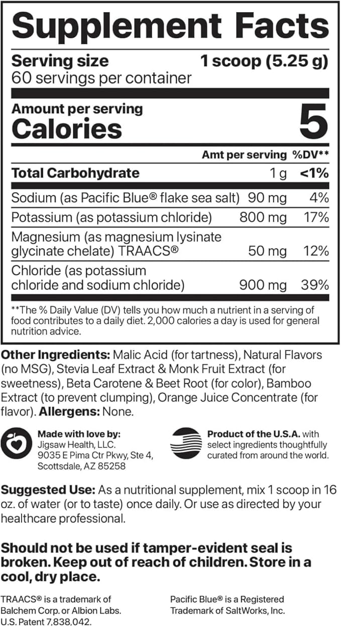 Jigsaw Health Potassium Cocktail | Formerly Pickleball Cocktail | Orange Flavor | 60 Servings (Jar)