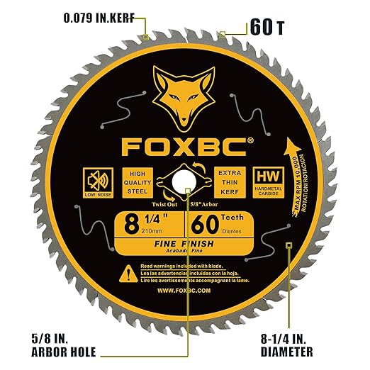 FOXBC 8-1/4 Inch Table Saw Blade 24 Tooth, 60 Tooth Wood Cutting with 5/8" Arbor, Diamond Knockout