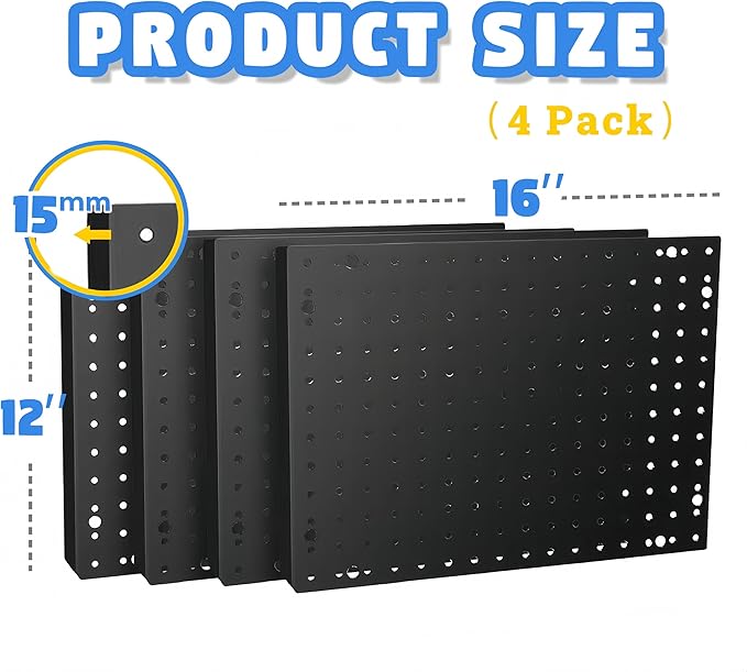 Heavy Duty Steel 4 Panel Metal Peg Board, Wall Pegs for Garage Organization, Garden Tools Storage (Black,32" X 24")