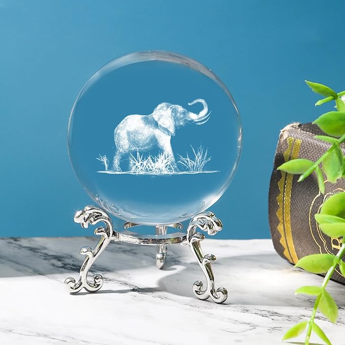 3D Elephant Crystal Ball with Stand Lase Engraved Glass Sphere Paperweight - Image 6