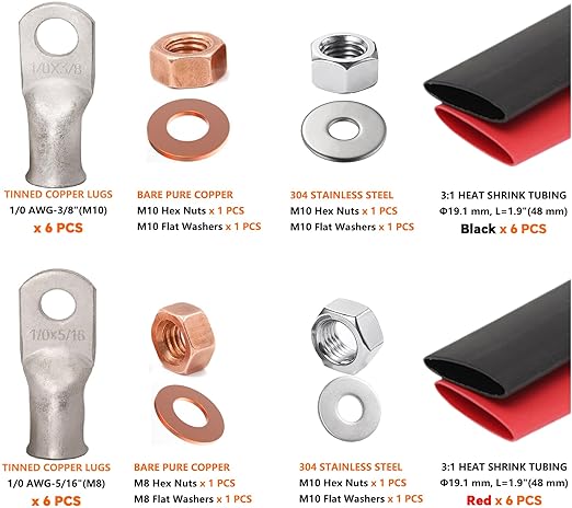 Tinned Copper 0 Gauge Battery Cable Ends 1/0 AWG 3/8" & 1/0 AWG 5/16" Ring Terminals Battery Lugs 0 AWG Bare Copper Lugs Kit 12 PCS 0 Gauge Wire Lugs +12PCS 3:1 Heat Shrinks + Hex Nuts + Flat Washers