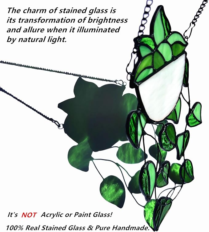 Green Faux Plants Stained Glass Window Hanging Suncatcher, Artificial Plants - Image 2