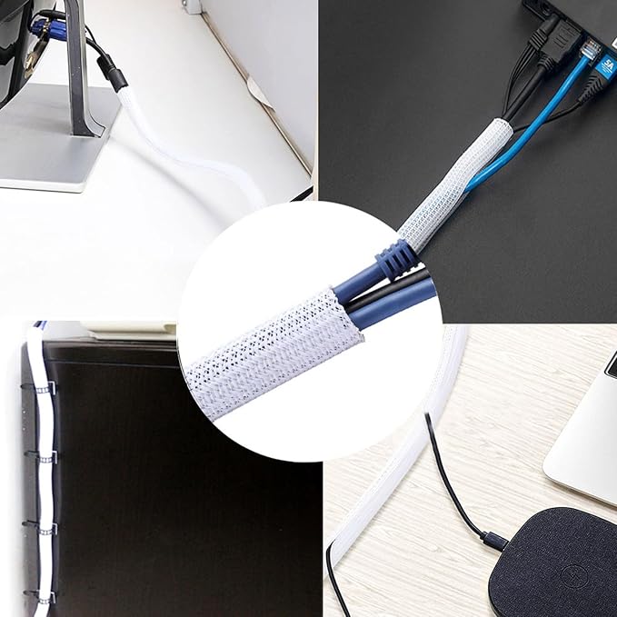 1/2" x 10ft Black/White Cable Sleeve - Protects Cords from Pets & Organizes Wires - Modern Style - Polyester Material - Flame Retardant - Easy to Use & Cut(White, 1/2"-10ft)