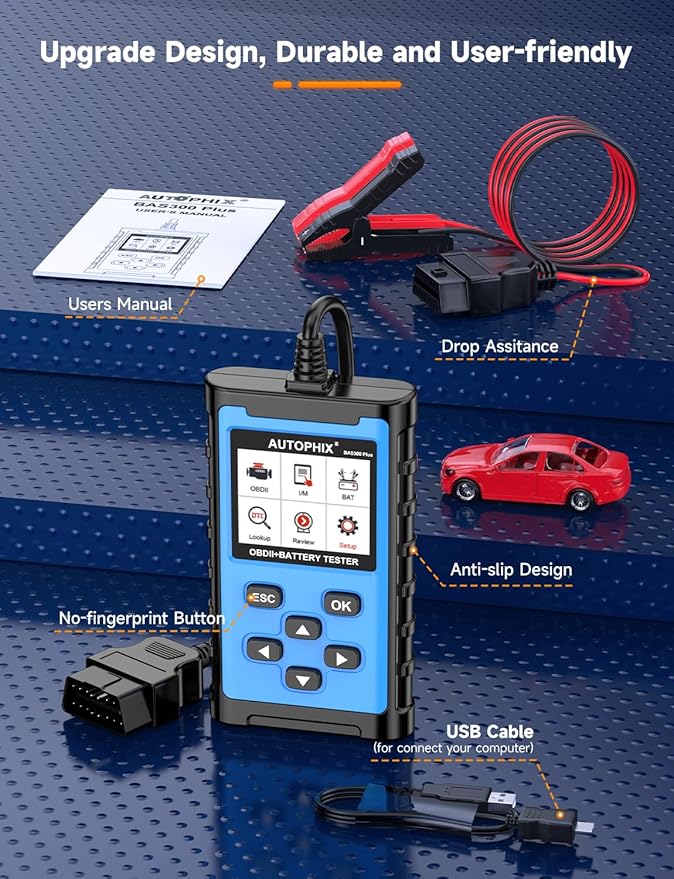 AUTOPHIX 2 IN 1 OBD2 Scanner with Battery Tester, BAS300 Plus 12V 100-2000 CCA Battery Charging Cranking Test Car Code Reader, Full OBD2 Diagnosis Check Engine Diagnostic Scan Tool Battery Load Tester