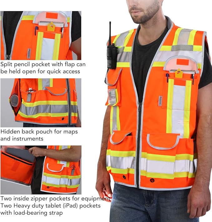 Dib Safety Reflective Vest Heavy Duty, High Visibility Two Tone Engineer Vest, Made with 3M Tape, Padded Collar, Retractable ID Pocket, Orange S