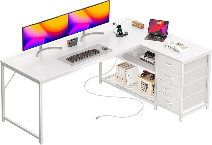 PRAISUN 53" L Shaped Desk with Power Outlets & USB-C Port, Reversible Computer by PRAISUN