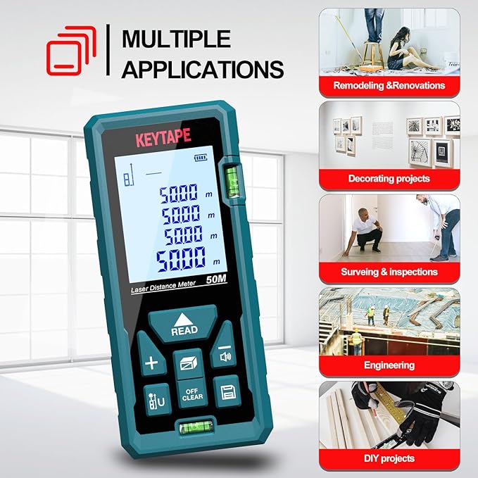 Distance Measuring Laser 165ft KEYTAPE Multifunction Measure Laser Ruler, Upgraded M/in/FT/FT+in Unit Switching Backlit LCD and Pythagorean Mode, DT50 Portable Handle Laser Distance Measurement Tool