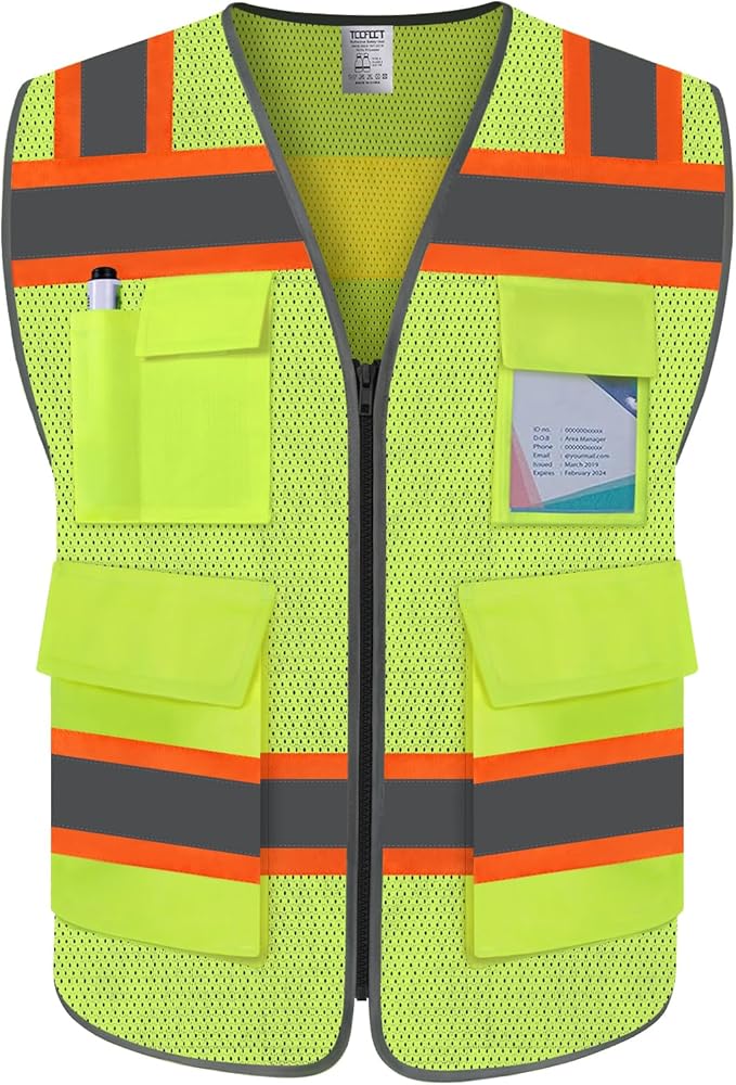 TCCFCCT High Visibility Vest 5 Pockets Mesh Reflective Safety Vest for Men Women, Hi Vis Work Vest with Reinforced Zipper and Fluorescent Orange Edge, Durable to Use, Meets ANSI/ISEA, DW-Yellow, 2XL