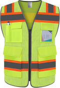 TCCFCCT Reflective Vest 5 Pockets Mesh Safety Vest with Reinforced Zipper, High Visibility Surveyor Work Vest for Men Women with Fluorescent Orange Edge, Durable to Use, Meets ANSI/ISEA,DW-Yellow, 4XL
