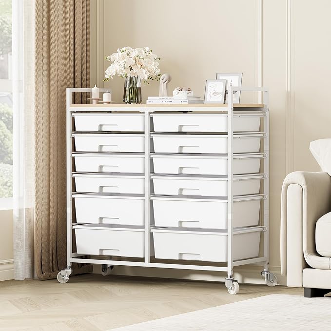 Rolling Storage Cart with 12 Drawers, Wooden Tabletop Utility Cart - Image 9