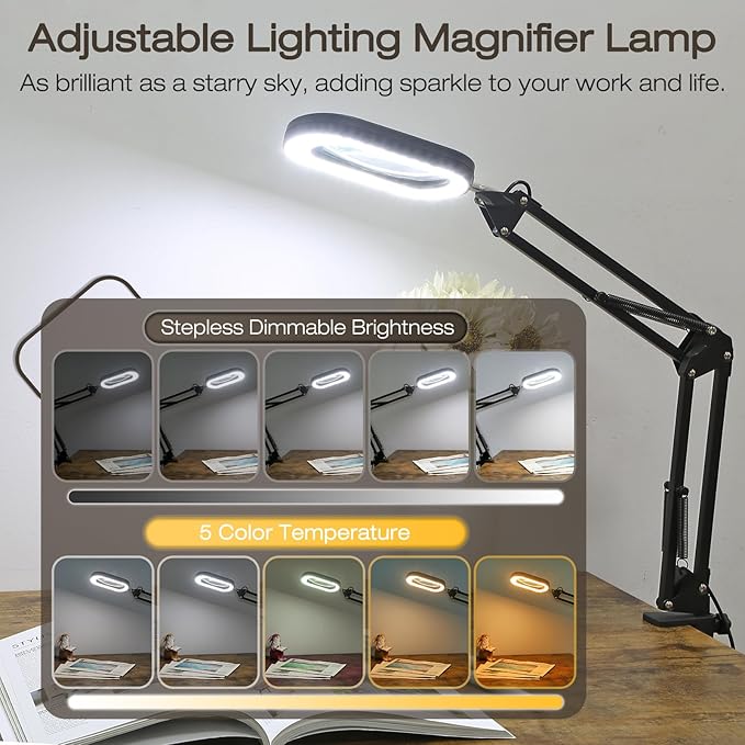 10X Square Magnifying Glass with Light and Stand, Real Glass Lighted Magnifier Hands Free, 5 Color Modes, Brightness Stepless Dimming, 2-in-1 Desk Lamp with Clamp for Close Work, Craft, Hobby, Reading