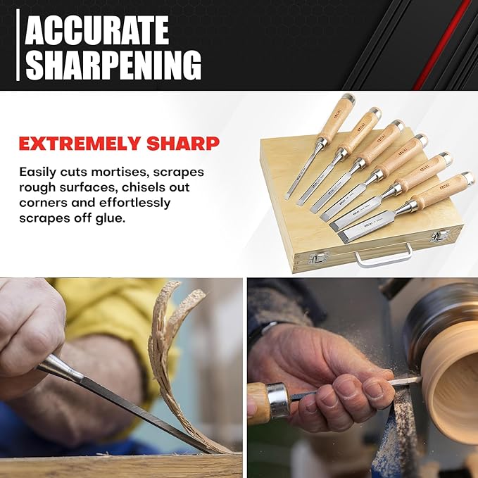 C&T 8 Pieces Premium Wood Chisel Set with Wooden Case,6 Pieces Wood Chisel with 2 Sharpening Stone,Woodworking Carving Chisel Kit,Chrome Vanadium Steel Chisel