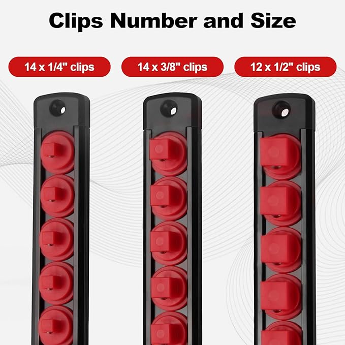 Fivepears Magnetic Socket Rails Storage Organizer, Heavy Duty Aluminum ABS Socket Holders, 360 Swivel Clips for Tool Box, 3/8 x 14, 1/2 x 12, 1/4 x 14 (Red)