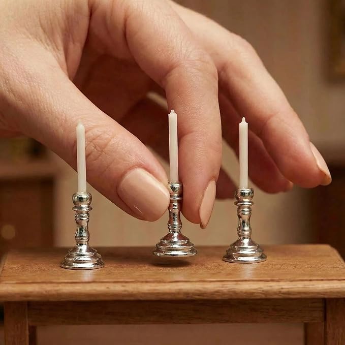 3PCS Vintage Miniature Candlesticks Set 1:12 Scale Metal Base Candle Holder - Image 4
