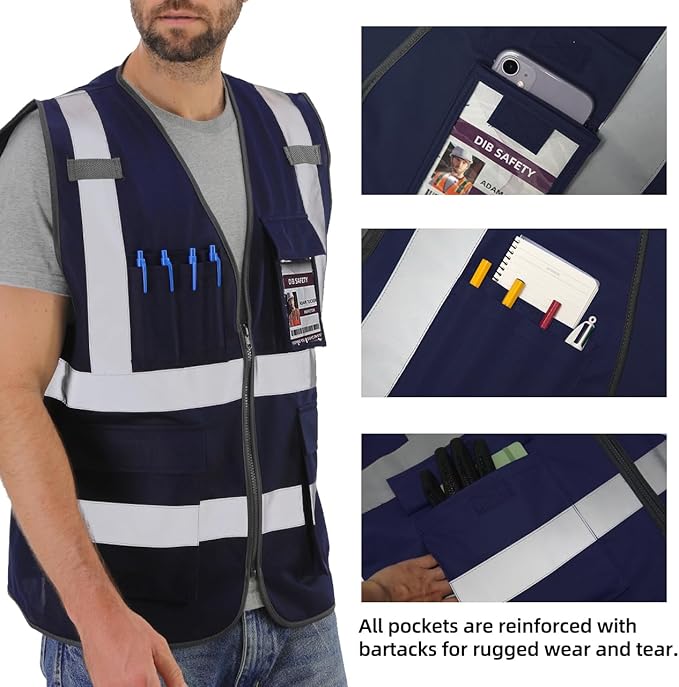 Dib Safety Reflective Vest High Visibility with Pockets and Zipper, Navy 3XL