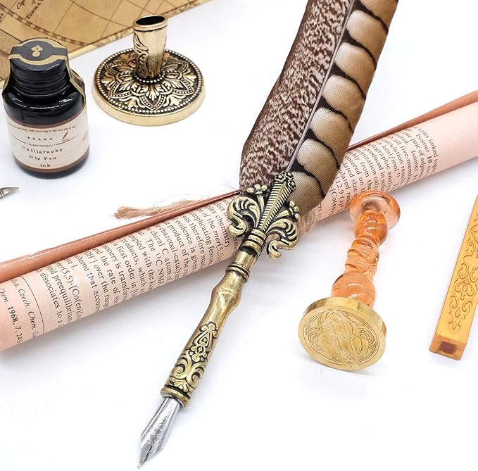 Antique Quill Pen Unique Half-Patterned Feather Pen Set - Image 5