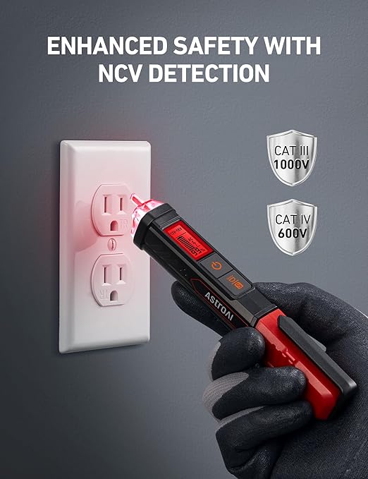 AstroAI VTS1000H Voltage Tester with Screwdriver, Non-Contact Electrical Tester, Dual Range AC 12V/70V-1000V, Live Wire Test, Wire Breakpoint Finder, Audible Alarm, LCD Percentage Display, Red