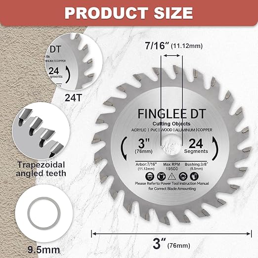 3 Inch TCT Circular Saw Blade 24 Teeth for Wood, Plastic, PCV, Acrylic, Plywood, 7/16'' Arbor, Supplied with 3/8" Bushing (3Pcs)