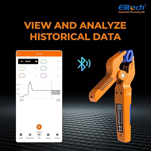 Elitech IPT-01 Wireless Temperature Clamp – T-Type Thermometer, Data Logging & Remote Monitoring –HVAC Temperature Probe with Bluetooth and App Operation & Works with Elitech App-Enabled Manifolds