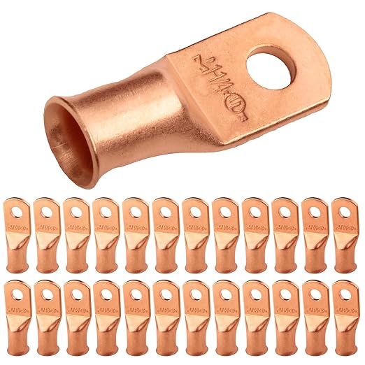 SELTERM 25pcs 1 AWG 1/4" Stud Battery Lugs, Ring Terminals, Heavy Duty Copper Wire Lugs, Battery Cable Ends, 1 Gauge Ring Terminal Connectors, UL Bare Copper Eyelets Electrical Battery Cable Lugs