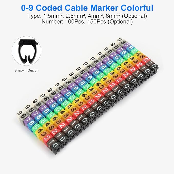 Digital Tube Wire 0-9 Number Coded Clip On Plastic Cable Label Tube Colorful Cable Marker C Shape Suitable Multi-Type Cable (100Pcs 2.5mm²)