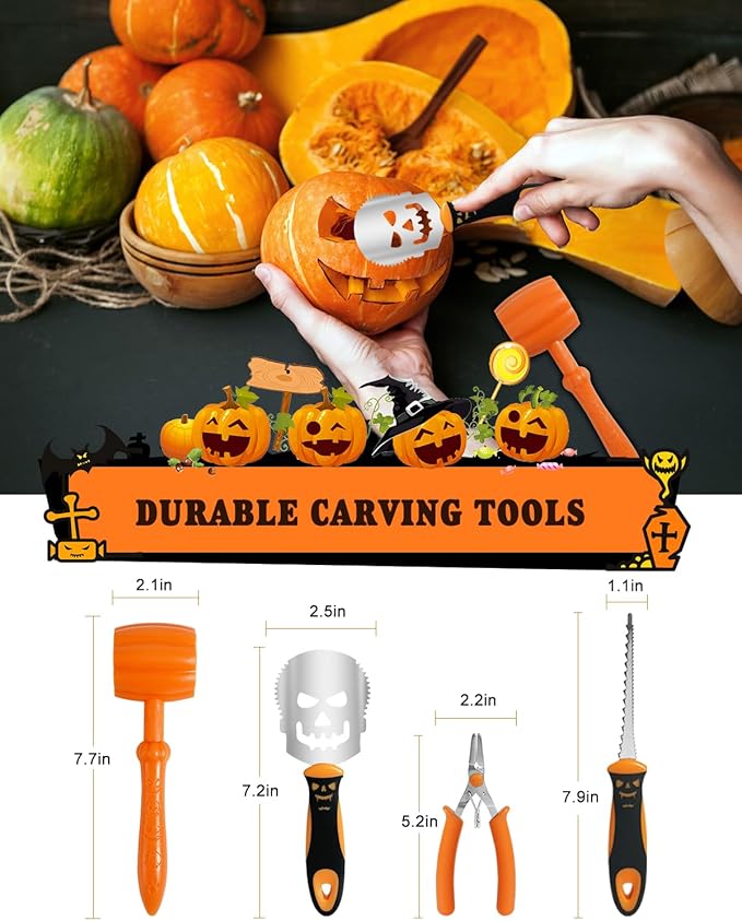 Pumpkin Carving Kit, 21 Pcs Stainless Steel Pumpkin Carving Stencils with 4 Halloween Carving Tools, Easy Safe and Durable for Kids Adults